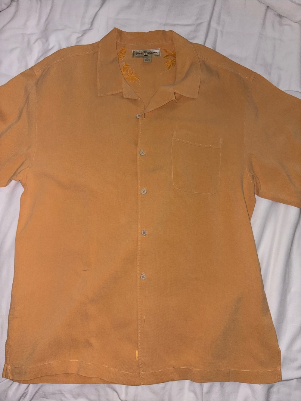Tommy Bahama Mens XL Silk Camp Shirt Burnt Orange Embroidered Palm Tree Collar